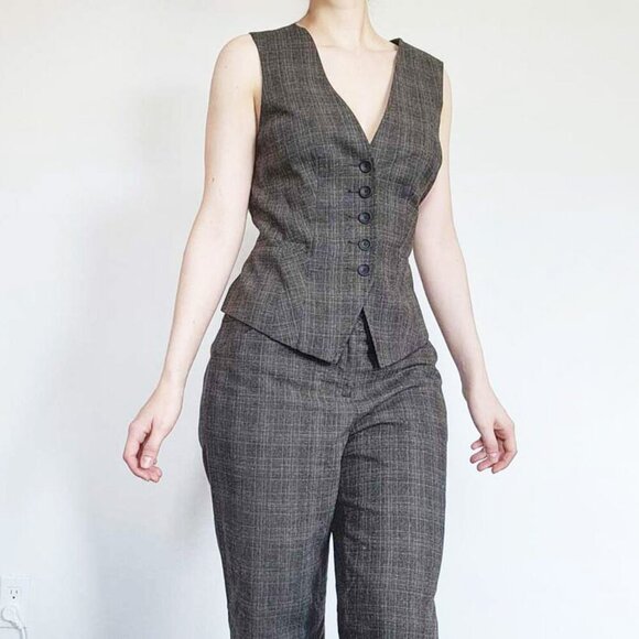 Vintage 90s Le Chateau brown plaid Italian wool office work pants and vest set - Picture 1 of 16